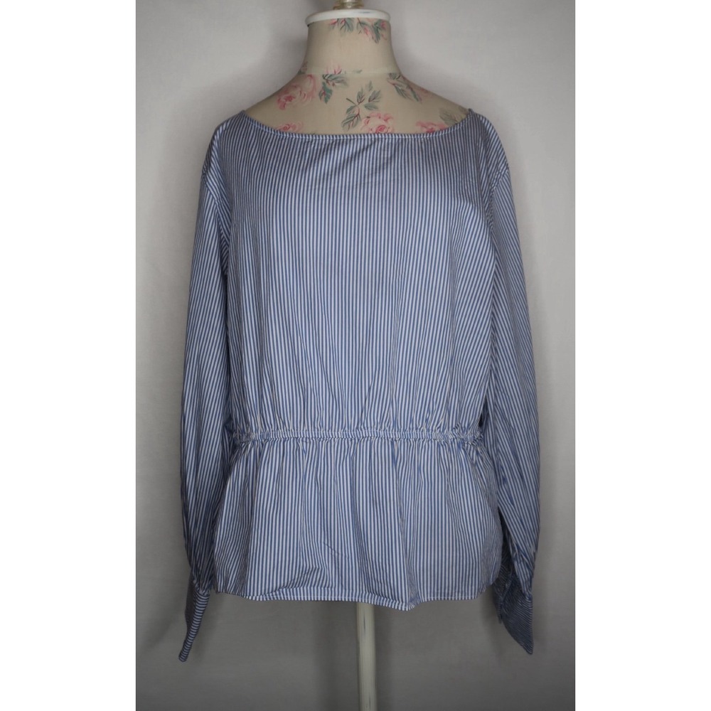 Polo Ralph Lauren Blue White Stripe Peplum Blouse Button Back Cotton Top Sz XXL